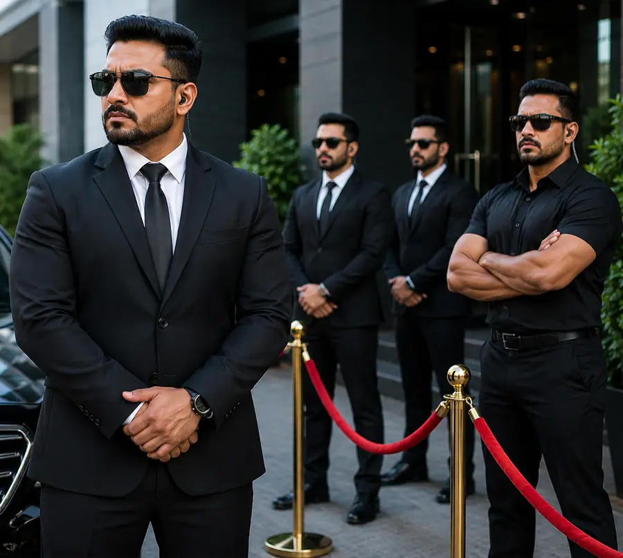 Bouncers in black suits guarding a VIP entrance