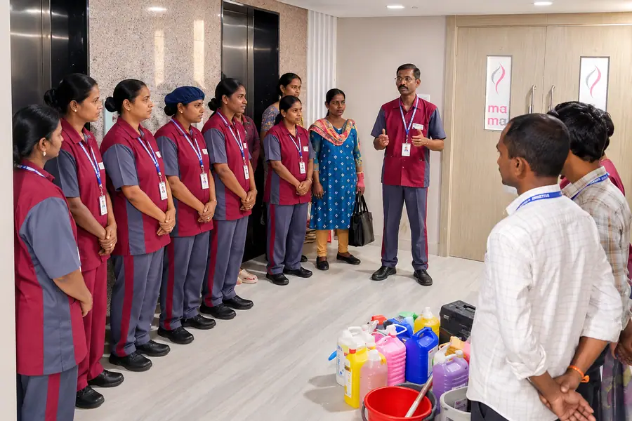 Supervisor briefing the housekeeping team before a shift