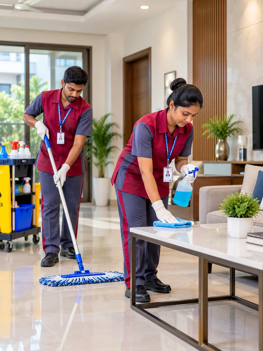 Housekeeping staff mopping an office lounge with a cleaning trolley