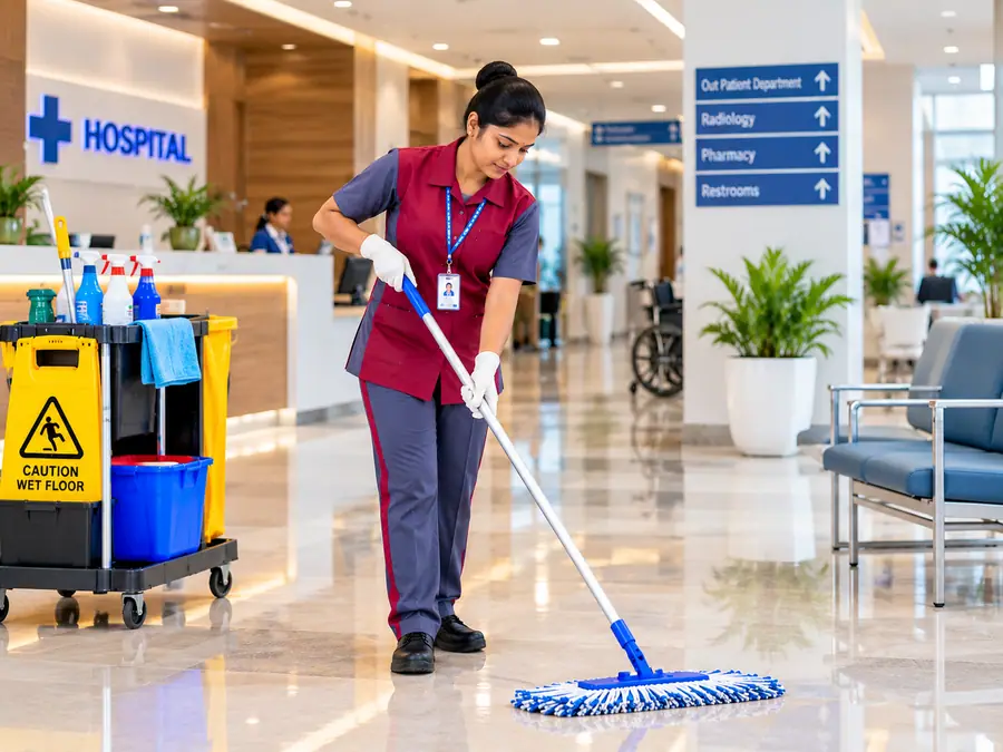 Housekeeping staff mopping a hospital reception floor