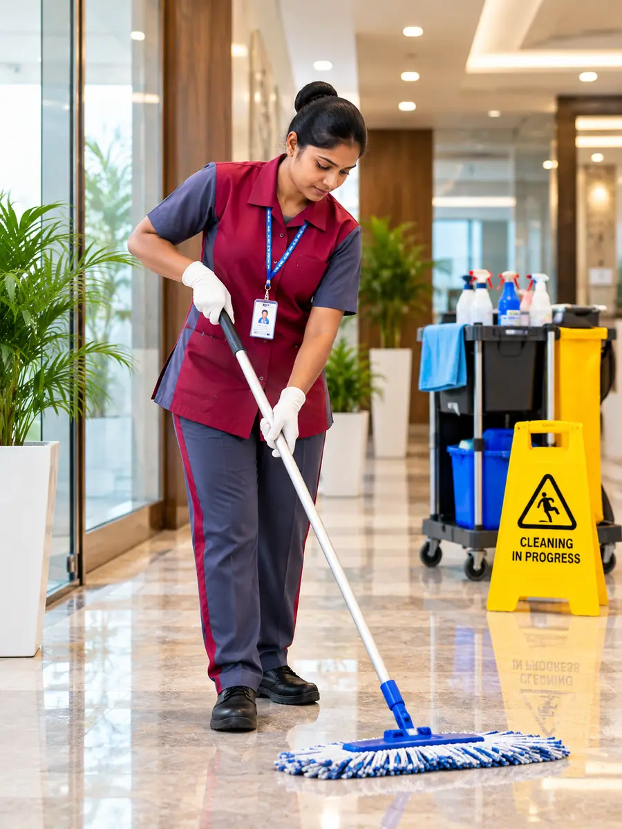Housekeeper mopping a lobby floor beside a wet-floor sign