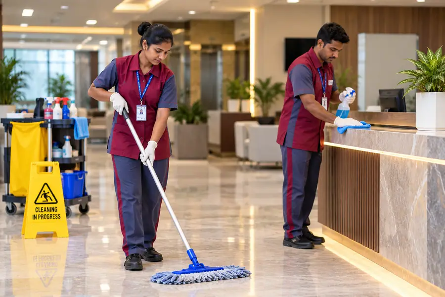 Housekeeping staff mopping and dusting an office reception