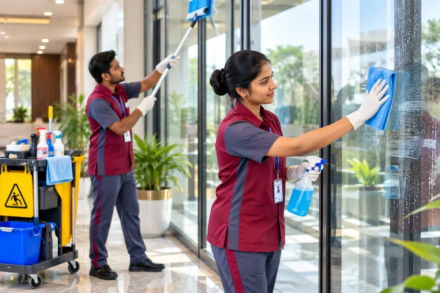 Housekeeping staff cleaning glass partitions and windows