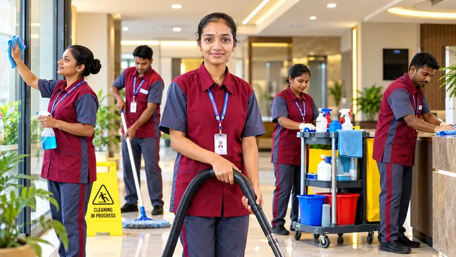 DBR housekeeping team at work in an office lobby with a supervisor
