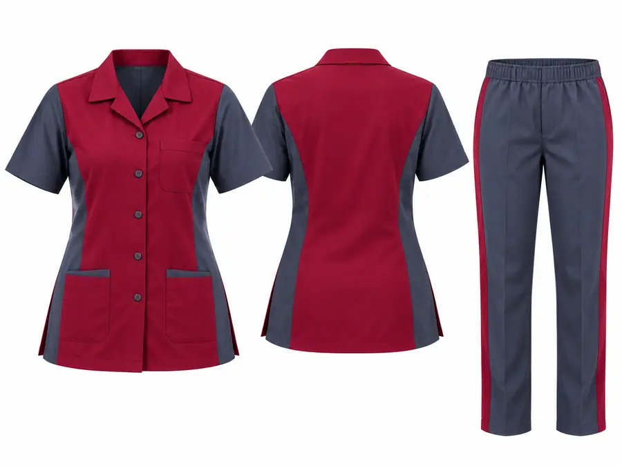 DBR housekeeping uniform: maroon and grey tunic with trousers