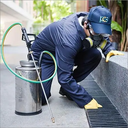 Pest control technician spraying along an outdoor drain