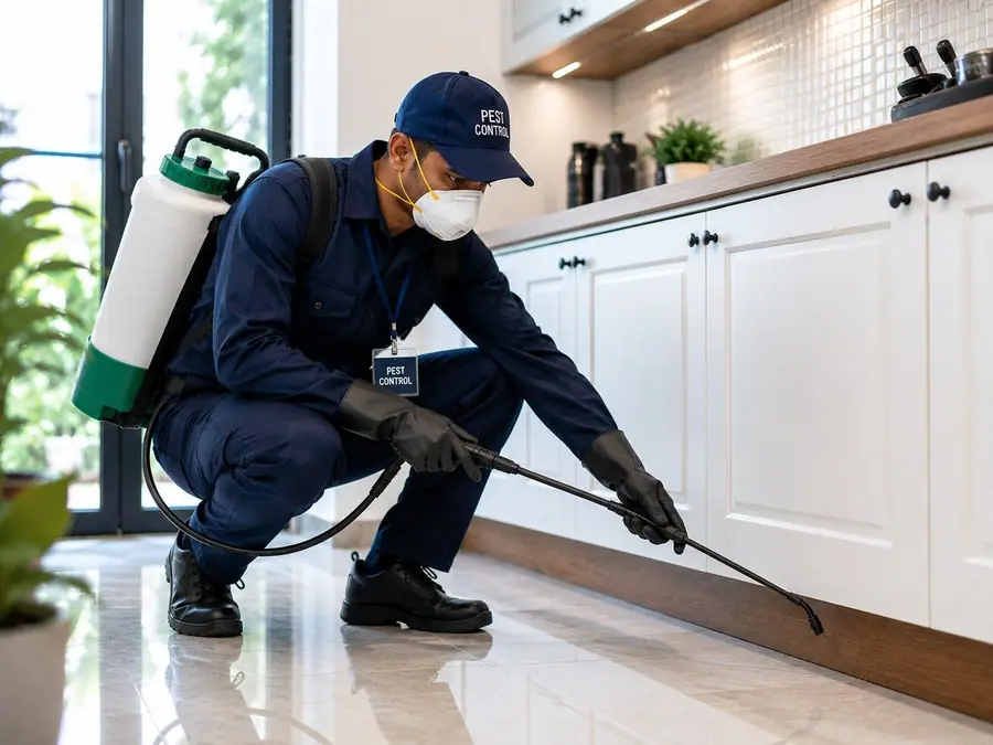 Pest control technician spraying under kitchen cabinets